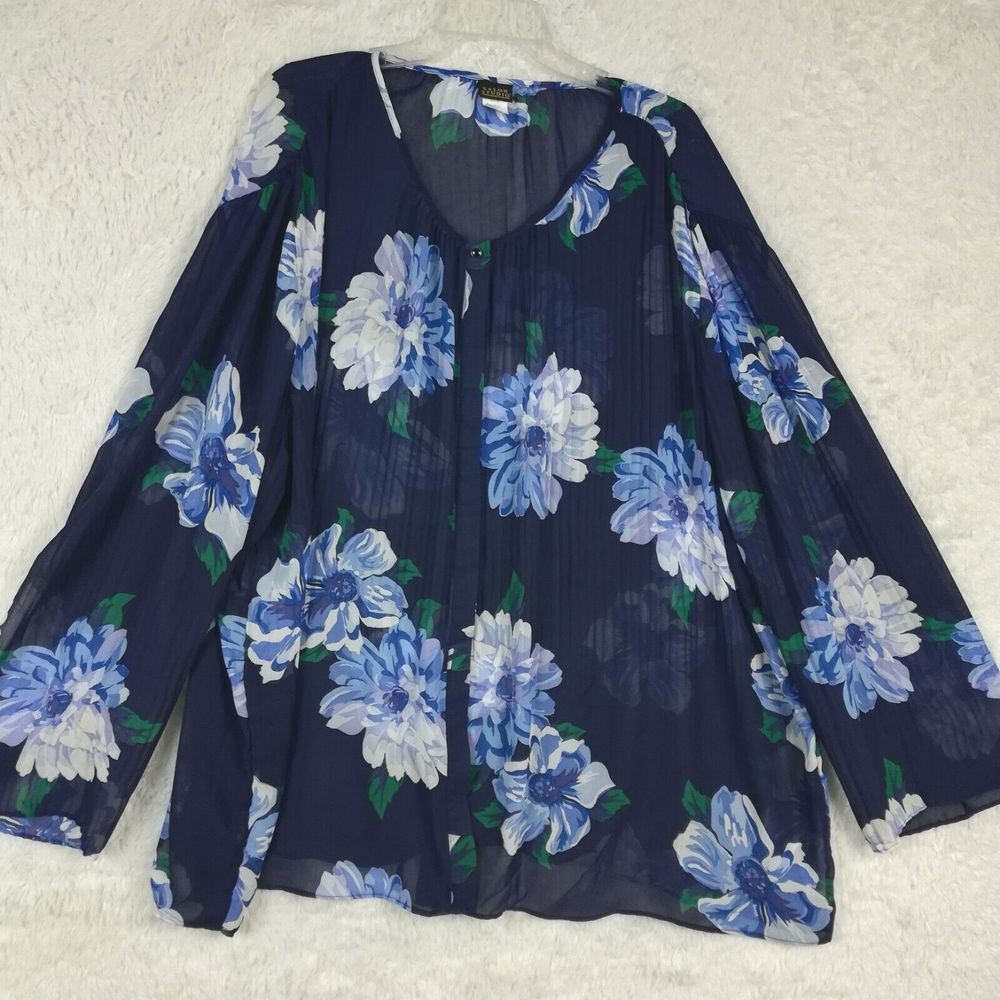 Salon Studio Womens Blouse Crinkle Floral Blue Sheer Flowercore Plus 4X